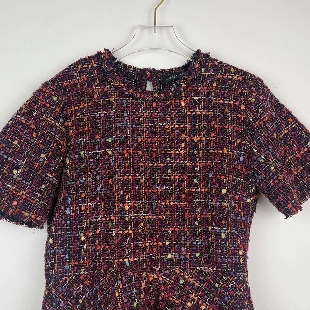 Zara Tweed Peplum Multicolor Purple Pink Raw Hem Drop Split Back Top Size XS - Picture 4 of 11